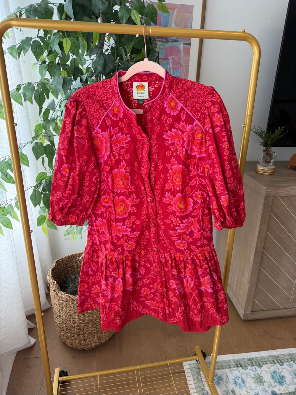 Farm Rio Red Floral Puff-Sleeve Dress